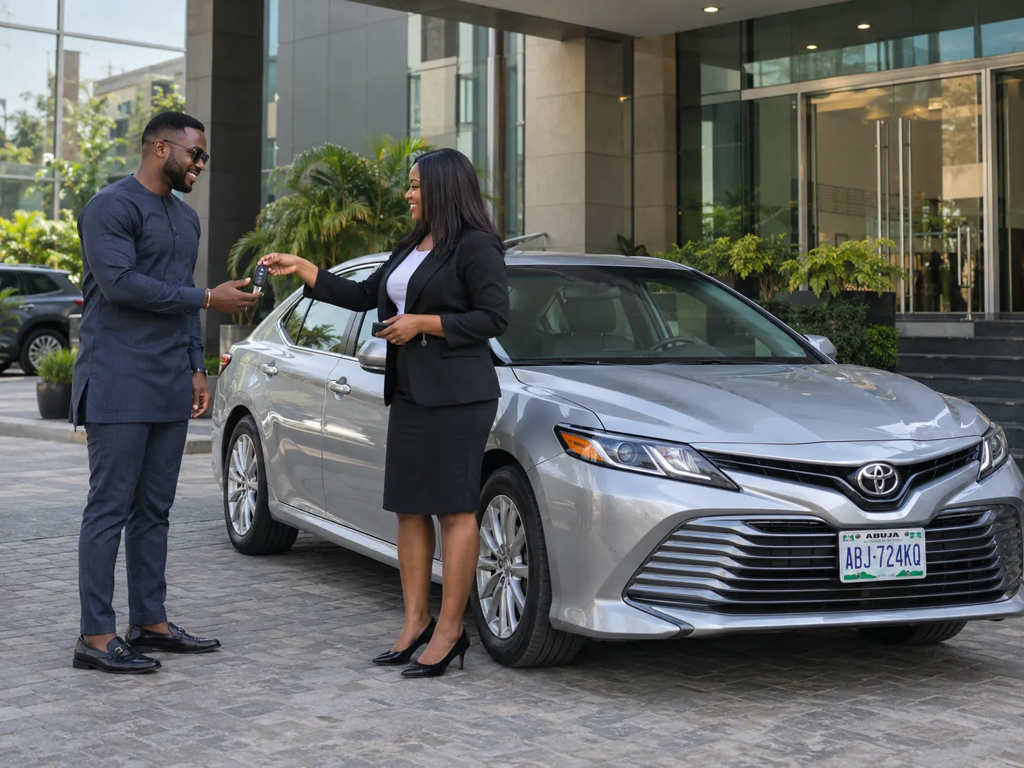 Professional vehicle handover illustrating longer-term rental coordination in Abuja